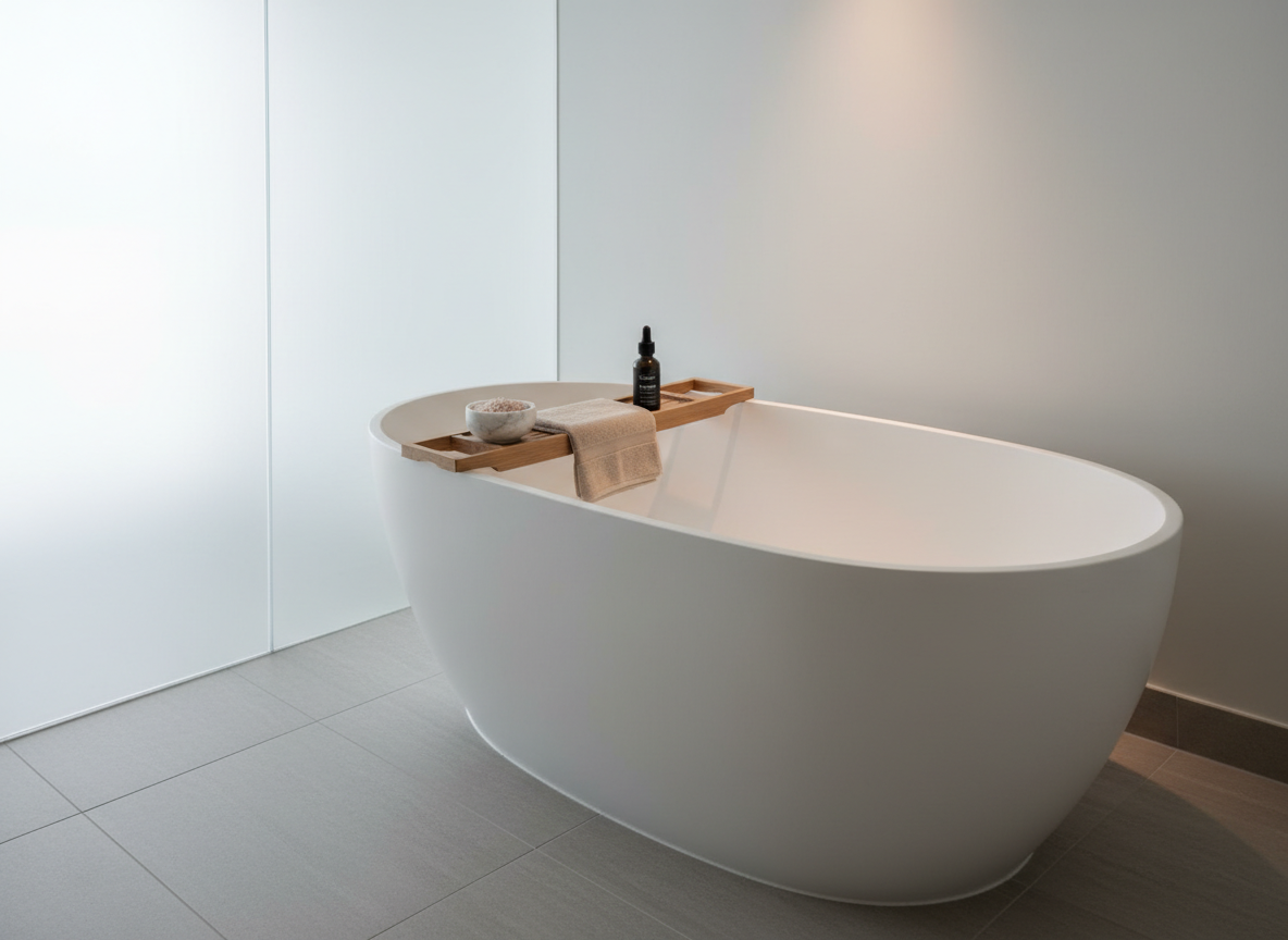 A sophisticated spa bathroom vignette in photographic realism, designed to evoke privacy and calm near a luxury airport spa. A deep, freestanding matte white soaking tub sits beside a floor-to-ceiling frosted glass panel, with light grey large-format tiles underfoot. On a slim, natural oak bath caddy rests a neatly folded beige hand towel, a small marble bowl filled with aromatic bath salts, and a slim black bottle of essential oil. Soft, diffused daylight filters through the frosted glass, complemented by a single recessed spotlight above, creating a gentle gradient of light and elegant reflections on the tub’s curves. Shot from a slightly elevated three-quarter angle with balanced composition, the atmosphere is tranquil, minimalist, and indulgently private, emphasizing clean lines and modern comfort.