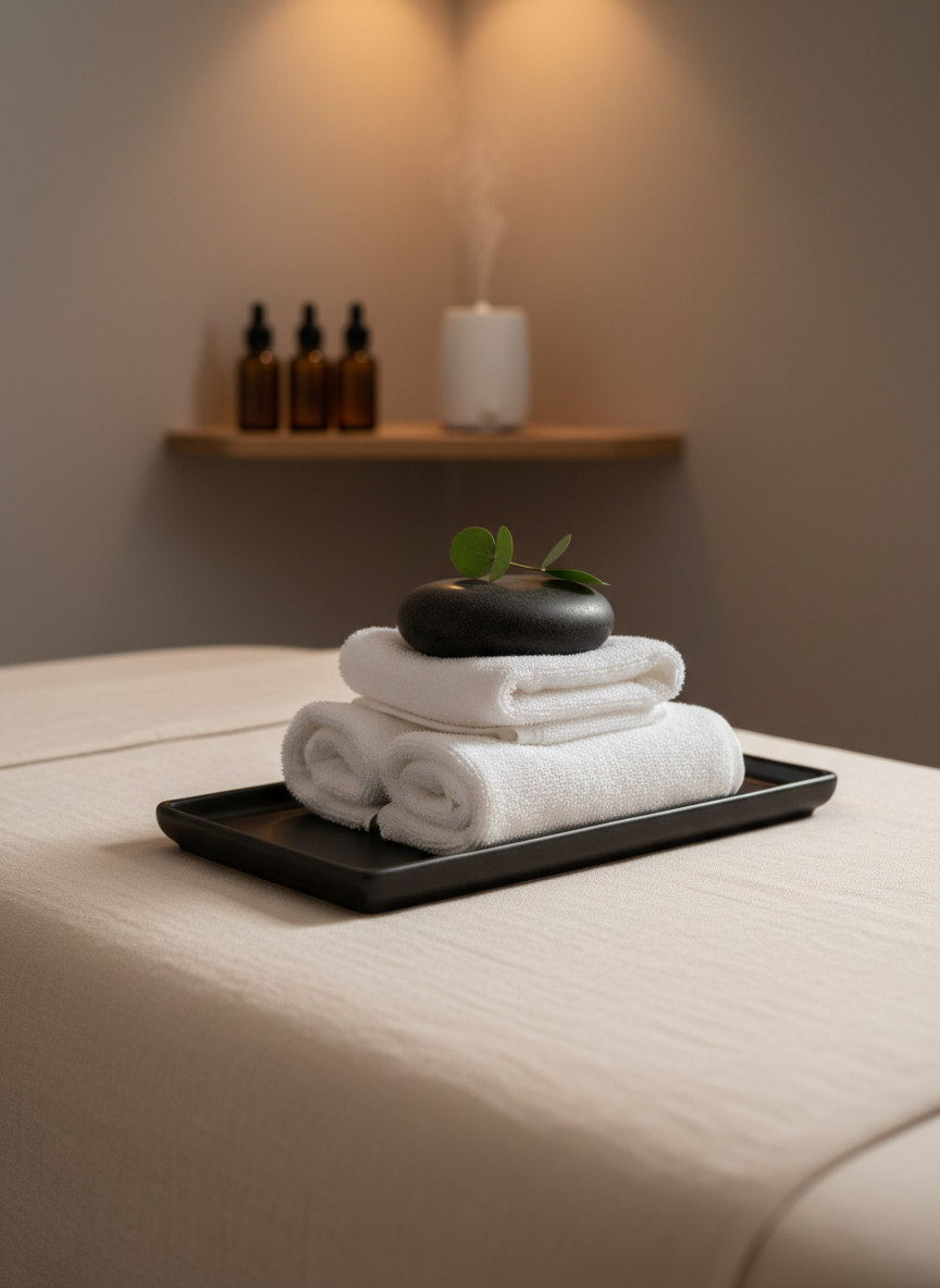 A close-up, photographic realism scene of a premium massage setup in a private spa. The focus is on a folded, snow-white towel stack topped with a smooth, dark basalt hot stone and a delicate sprig of eucalyptus, all resting on a matte black tray. The tray sits on the corner of a massage table covered in soft, cream-colored linens. In the blurred background, amber dropper bottles and a minimal ceramic diffuser sit on a narrow shelf against a warm grey wall. Warm, indirect lighting from a hidden source creates gentle highlights on the stone and soft shadows on the linens. Captured with a shallow depth of field and centered composition, the mood is serene, refined, and discretely luxurious.