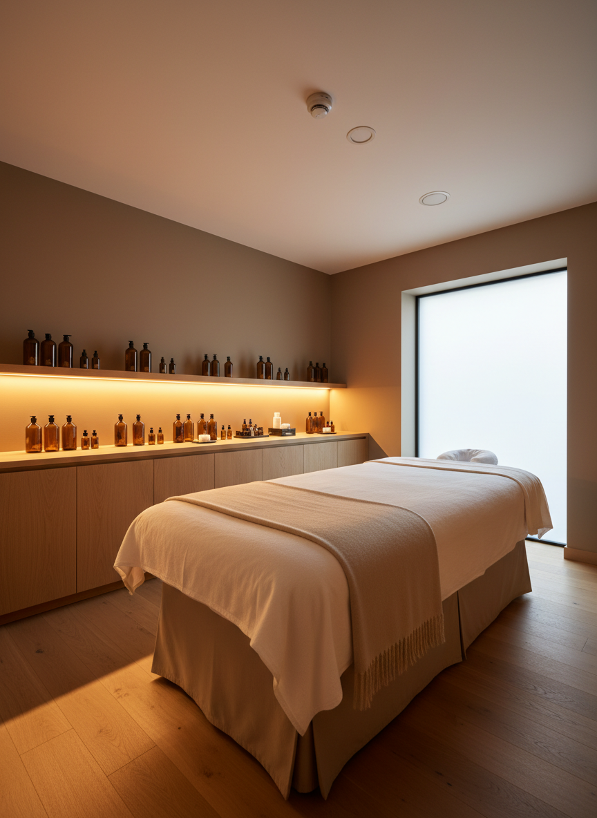 A luxurious massage room designed for a private spa near an international airport, shown in photographic realism. A wide, plush massage table is centered, draped in crisp white linens with a folded, sand-colored cashmere throw at the foot. The room features warm taupe walls, light oak flooring, and a sleek built-in cabinet with neatly arranged amber glass oil bottles. Soft, recessed ceiling lights and a hidden LED strip behind a floating shelf cast a warm, golden glow, creating gentle shadows and subtle highlights. A frosted window suggests daylight without revealing the outside, enhancing discretion. Shot at eye level with a slightly wide angle, sharp focus throughout, the composition feels calm, sophisticated, and welcoming, emphasizing privacy and modern elegance.