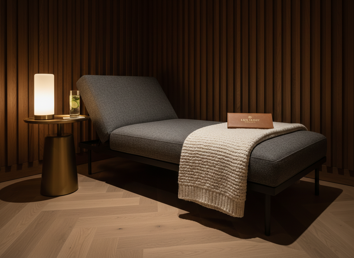 An intimate corner of a private relaxation lounge rendered in photographic realism. A low, contemporary chaise with textured charcoal upholstery is draped with a finely knitted ivory throw, placed atop a pale oak herringbone floor. Beside it, a small round side table in brushed brass holds a softly glowing cordless lantern, a slim glass of cucumber-infused water, and a discreet, leather-bound spa menu labeled “Lux Body Private Spa” in embossed gold. The background features a softly lit, dark wood wall with subtle vertical slats. Ambient, dimmed lighting creates pools of warmth and elegant, elongated shadows, enhancing the room’s sense of seclusion. Captured at eye level with a shallow depth of field, the composition feels cocooned, sophisticated, and perfectly suited for quiet pre- or post-massage relaxation.