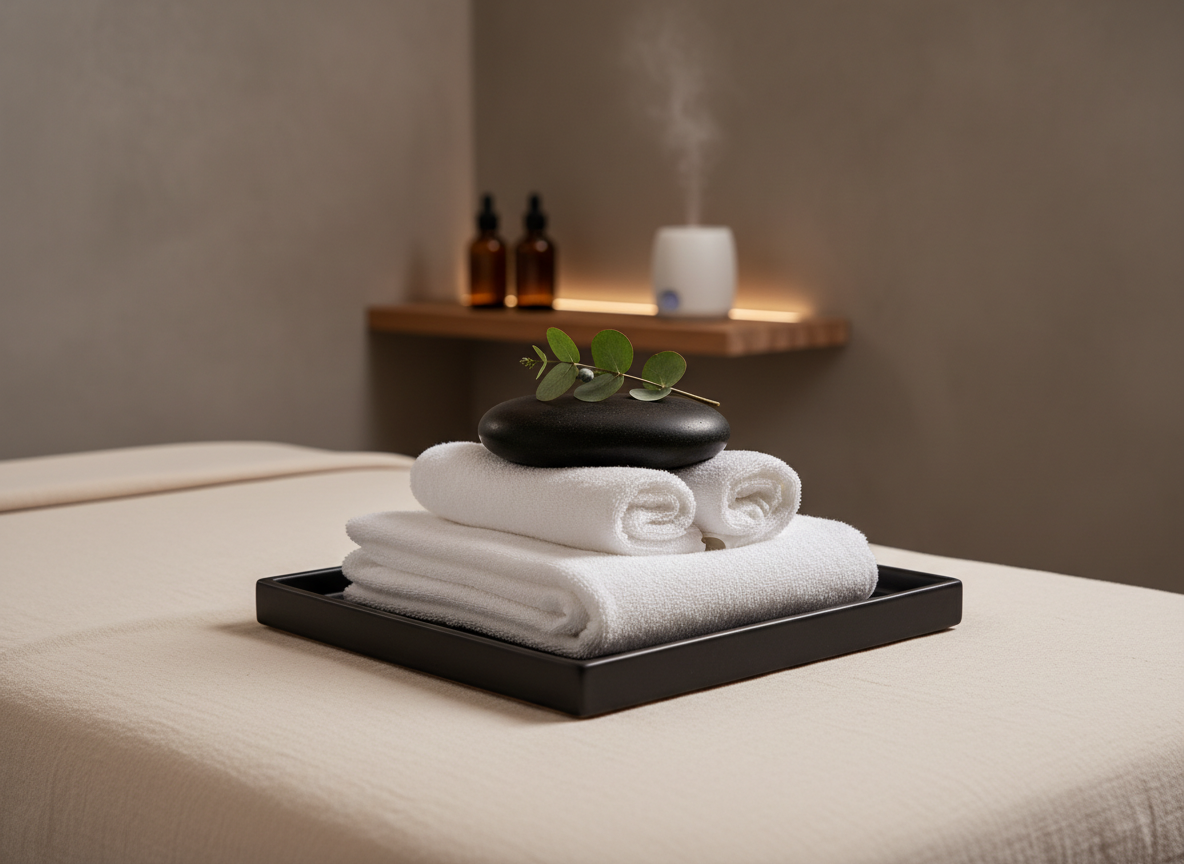 A close-up, photographic realism scene of a premium massage setup in a private spa. The focus is on a folded, snow-white towel stack topped with a smooth, dark basalt hot stone and a delicate sprig of eucalyptus, all resting on a matte black tray. The tray sits on the corner of a massage table covered in soft, cream-colored linens. In the blurred background, amber dropper bottles and a minimal ceramic diffuser sit on a narrow shelf against a warm grey wall. Warm, indirect lighting from a hidden source creates gentle highlights on the stone and soft shadows on the linens. Captured with a shallow depth of field and centered composition, the mood is serene, refined, and discretely luxurious.