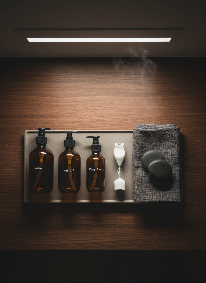 A refined top-down, photographic realism composition of a massage therapist’s preparation tray, carefully curated to suggest premium service without showing people. A rectangular, matte porcelain tray in warm stone-grey rests on a dark walnut counter. On it, three graduated amber glass bottles with black pumps hold massage oils, each labeled with minimalist white text—“Relax,” “Restore,” and “Deep Calm.” Beside them, a folded charcoal linen cloth, a pair of polished basalt hot stones, and a slim sand timer with fine white sand add texture and interest. Overhead, soft, diffused lighting from a concealed fixture casts gentle, shadowed contours and subtle reflections on the glass bottles. The mood is controlled, professional, and quietly luxurious, ideal for conveying meticulous attention to detail in a discreet, high-end spa near an airport.
